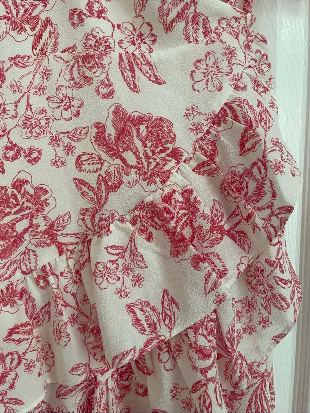 1. State White and Pink Ruffle Floral Wrap Mini Dress with 3/4 Sleeve